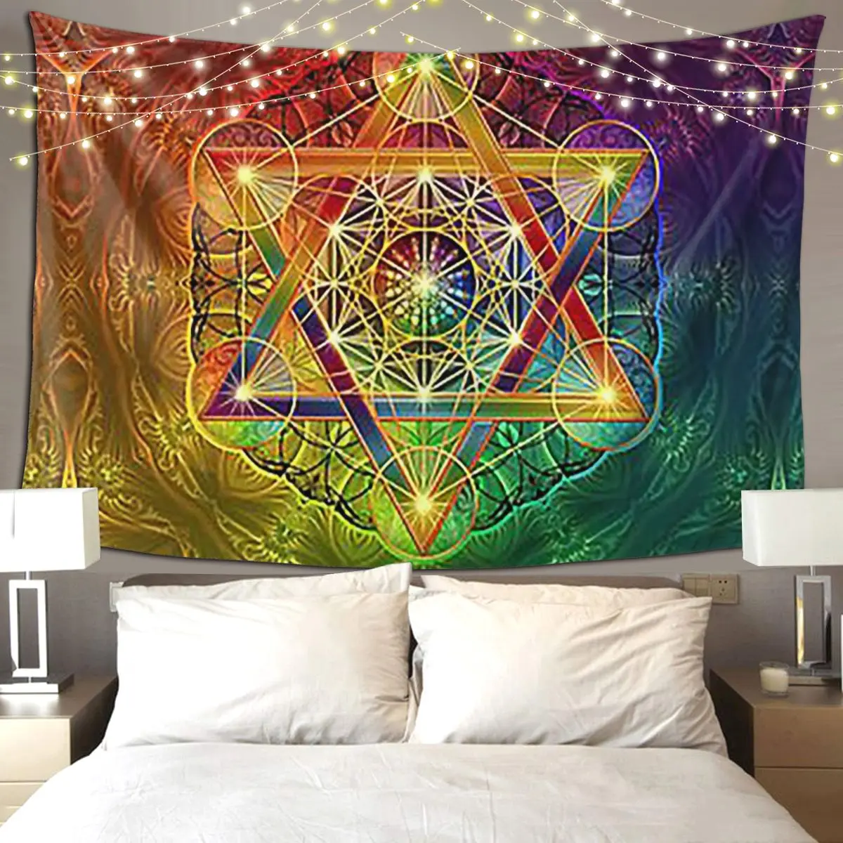 Metatron's Cube With Merkabah And Flower Of Life Tapestry Hippie Wall Hanging Aesthetic Home Decoration Tapestries Living Room