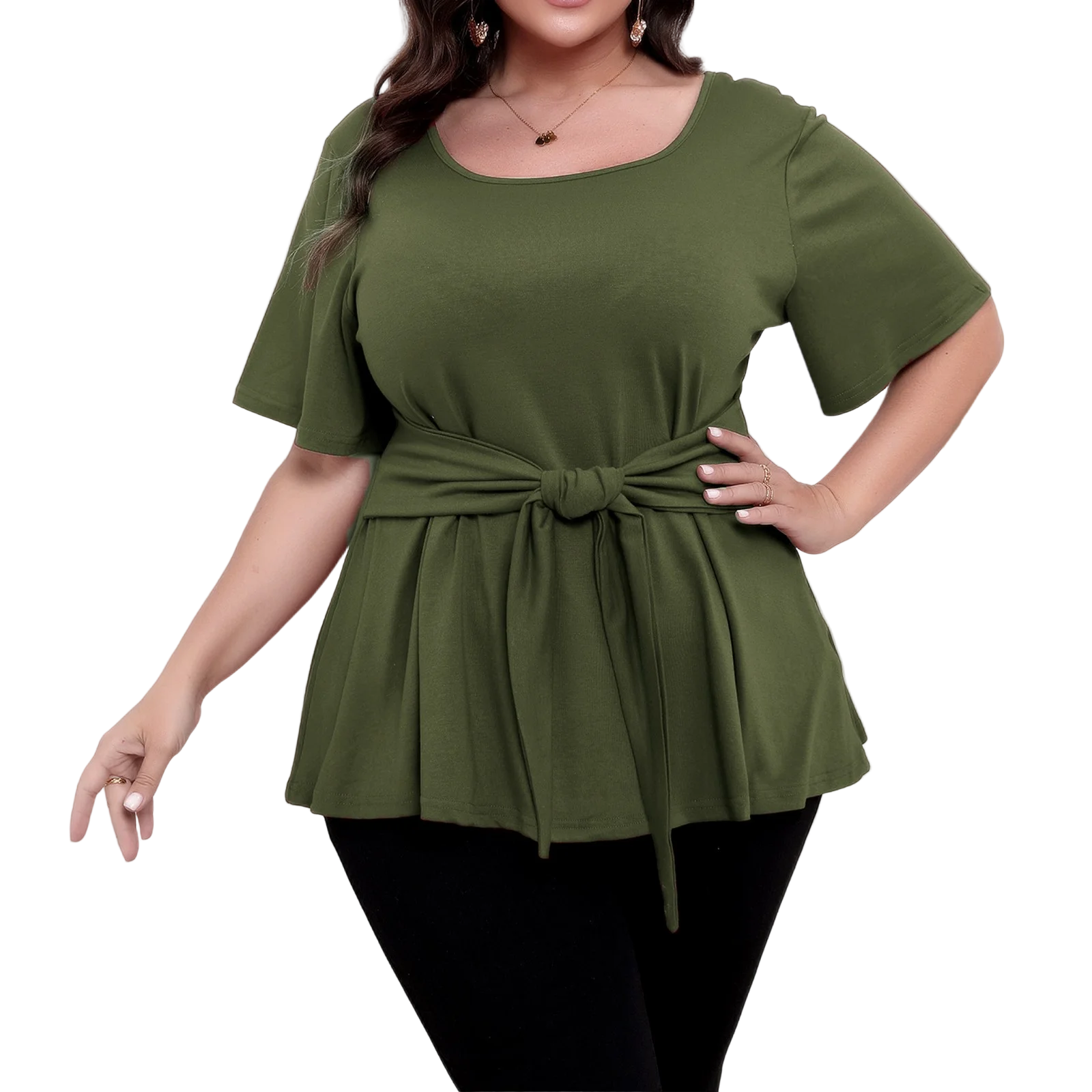 

Топ больших размеров, женские футболки с короткими рукавами и круглым вырезом с поясом, весна-лето, женские повседневные футболки, топы, однотонный пуловер