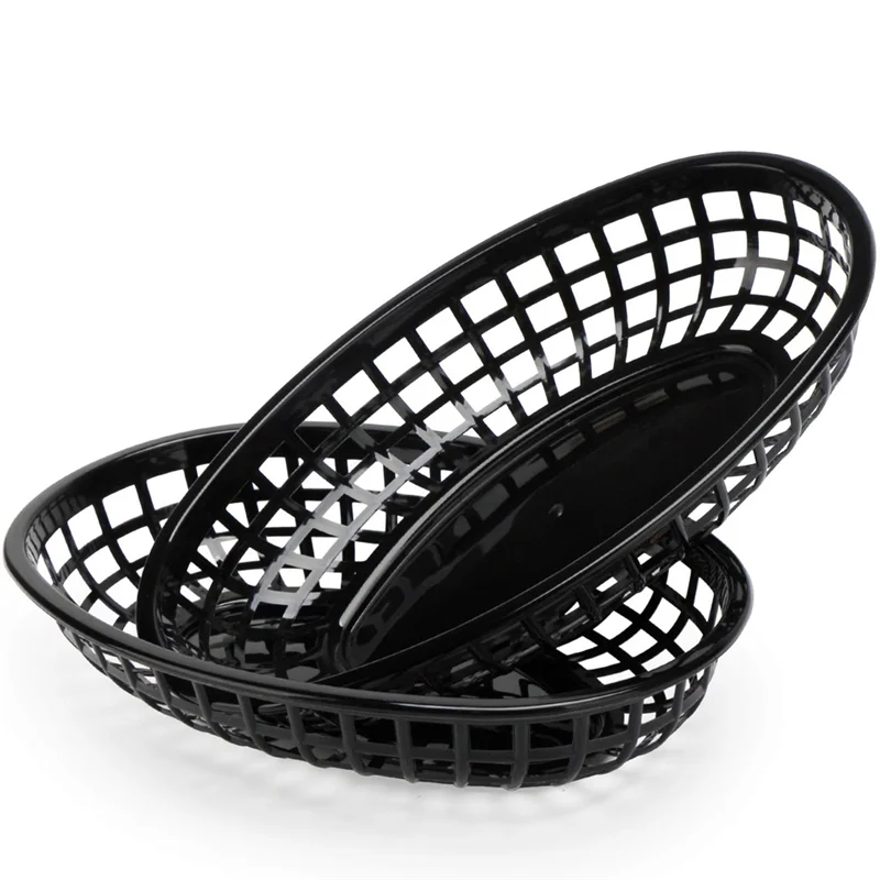 24Pcs Plastic Basket Serving Tray French Fries Basket Oval Fast Food Tray Restaurant Bar Fries Food Service Tray Black