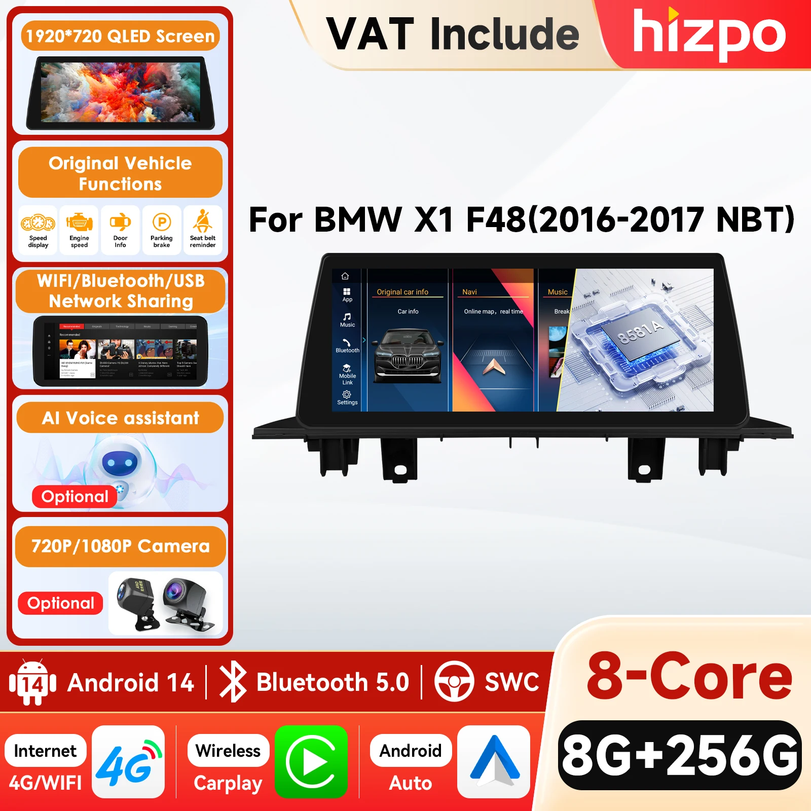 Radio para Auto Hizpo para BMW X1 F48 NBT, Reproductor de Audio con Modo Auxiliar, Multimedia Inalámbrico, CarPlay, Android Auto, GPS con Pantalla QLED de 1920*720