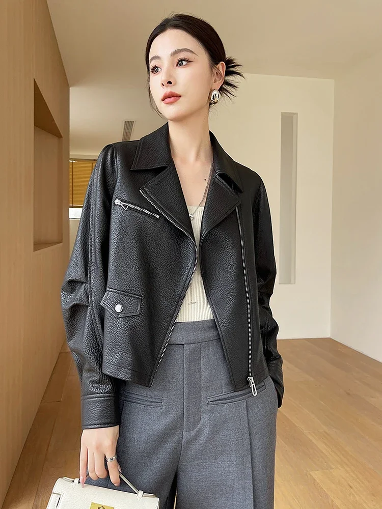 

Casual Black Genuine Leather Motorcycle Jacket Women Spring Autumn High-end Simple Slim Short Lychee Texture Real Sheepskin Coat