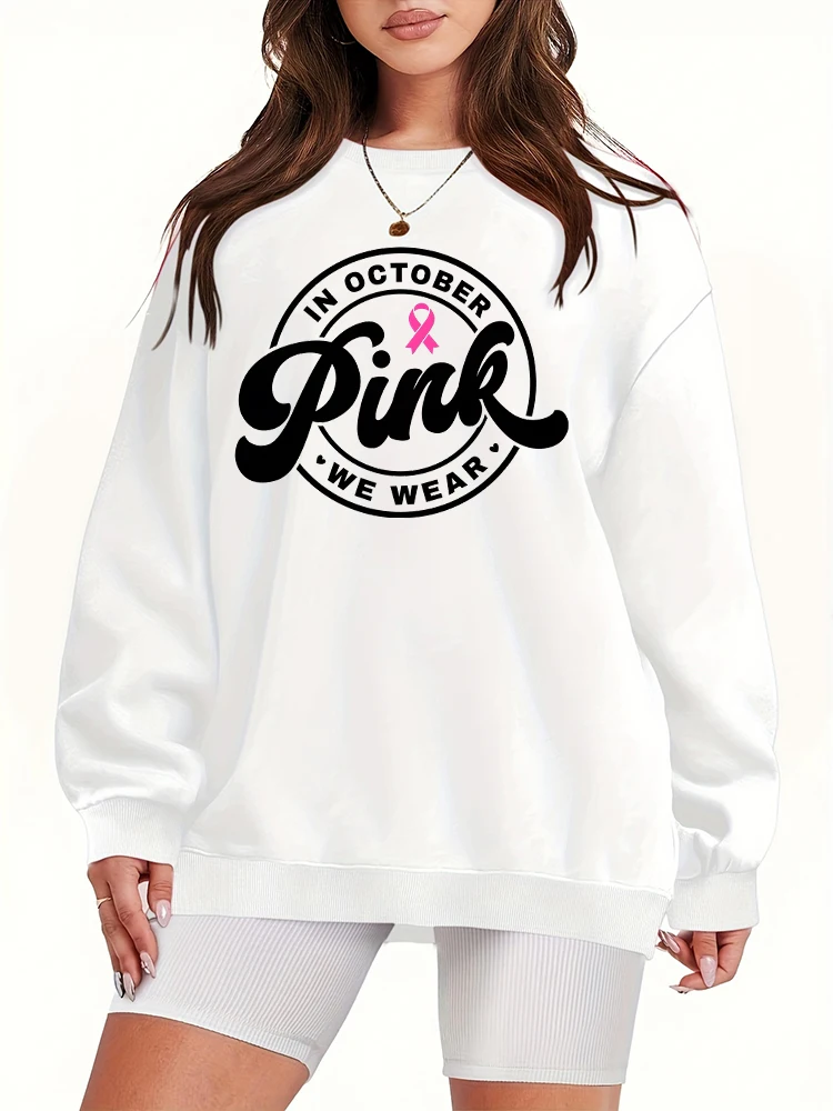 Pink Cancer Ribbon Heart Design Women's Sweatshirts Breast Cancer Awareness Support Hoodies In October We Wear Pink Sweatshirt