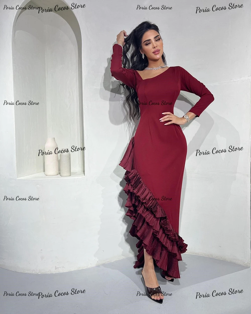 Long Sleeve Square Neck Charming Evening Dresses Sexy Sheath Prom Gown Patchwork