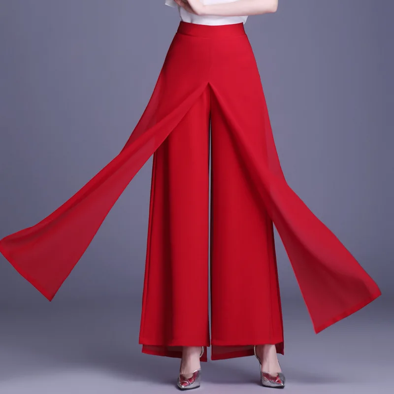 Womens Summer Chiffon Long Trousers Ladies Streetwear Loose Solid Color Skirt Pants Female High Elastic Waist Red Wide Leg Pants