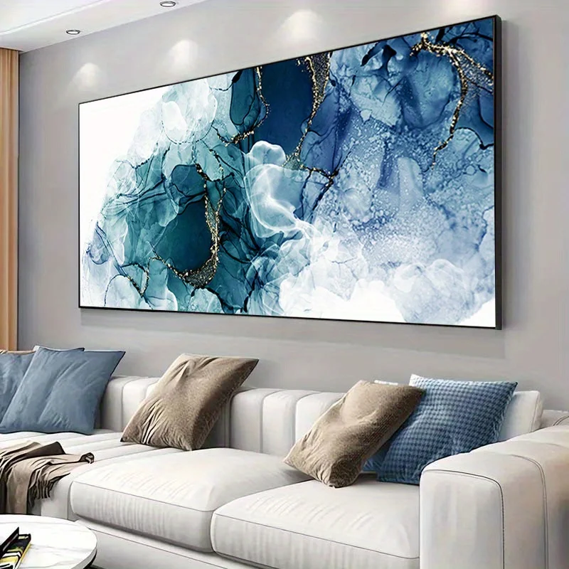 1pc Frameless Modern Abstract Fluid Art Canvas - Striking Blue, White & Golden Swirls for Living Room & Bedroom Decor, Wall Art
