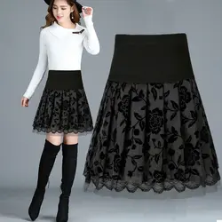 Otoño Invierno nueva falda acampanada de cintura alta coreana delgada falda de encaje de retazos ropa de mujer faldas de oficina para mujer