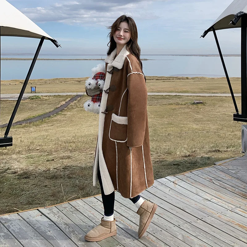Bruine lange lamsbontjas voor dames, wintereditie 2025, losse en dikke suède katoenen jas Windbreaker mode-top