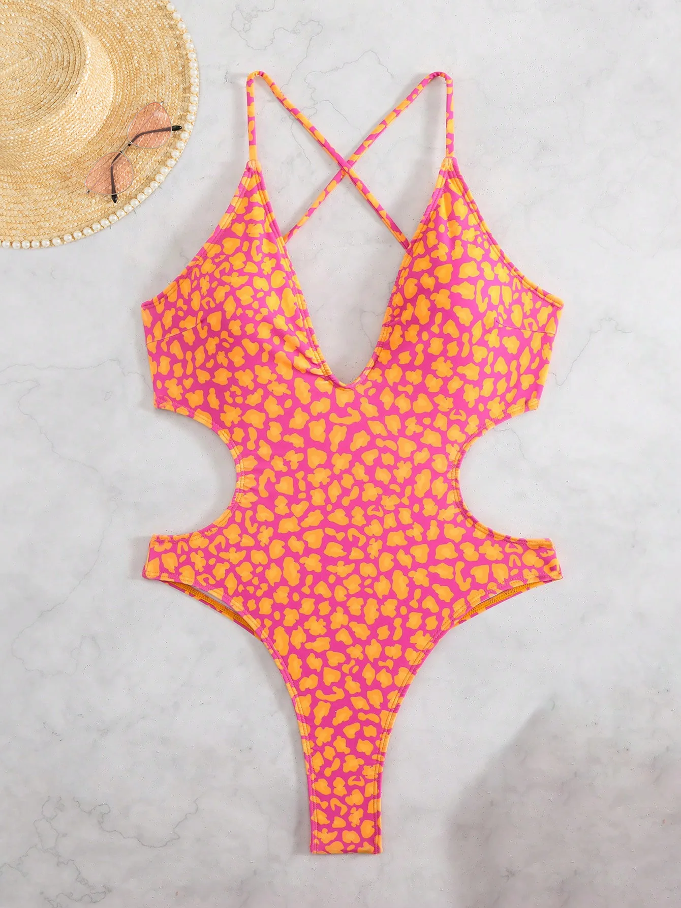 

Summer Cut Out Floral Bodysuit New 2026 Women's Sexy Cutout One-Piece Swimsuit Crisscross Back Ties Athletic Hot Spring Monokini