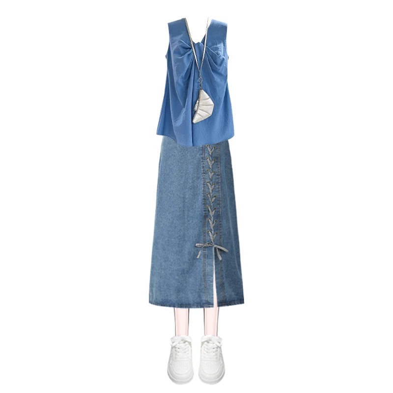 Korean Sle Summer Outfit Women's V-ne Knot Top And Denim Skirt Two-piece Set Faionable And Unique Design for Young Ladies