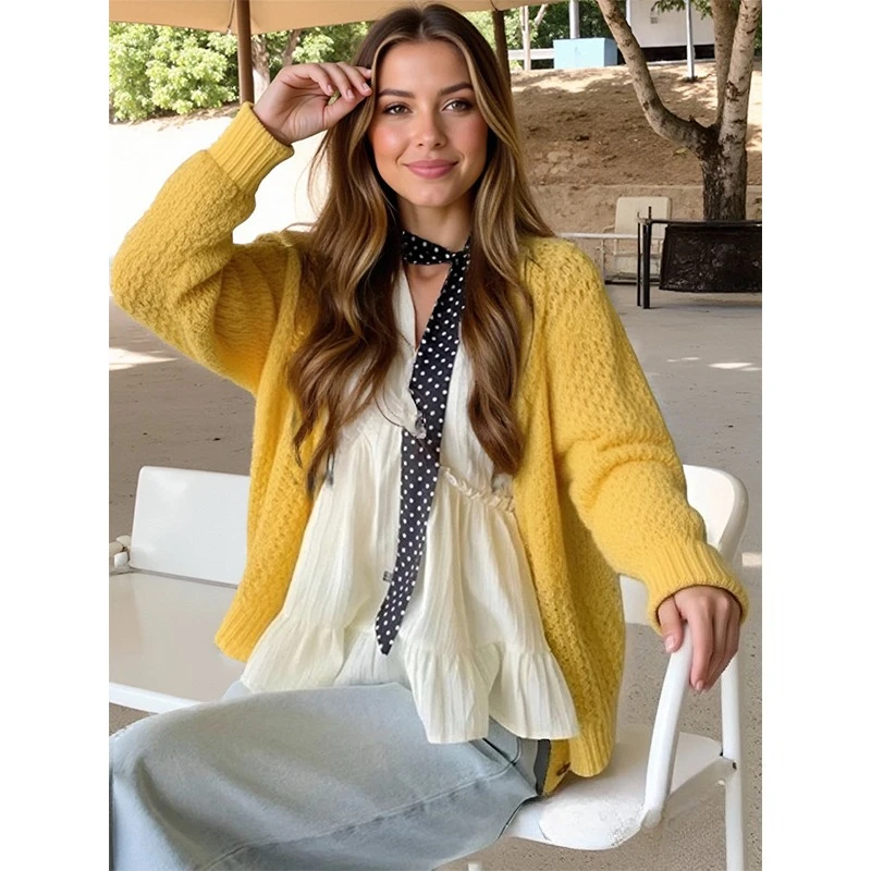 

Elegant Office Lady Solid Color Sweater Fashion Autumn Women Loose Long Sleeve Cardigan Casual Knitted Top Hollow Out Knitwear