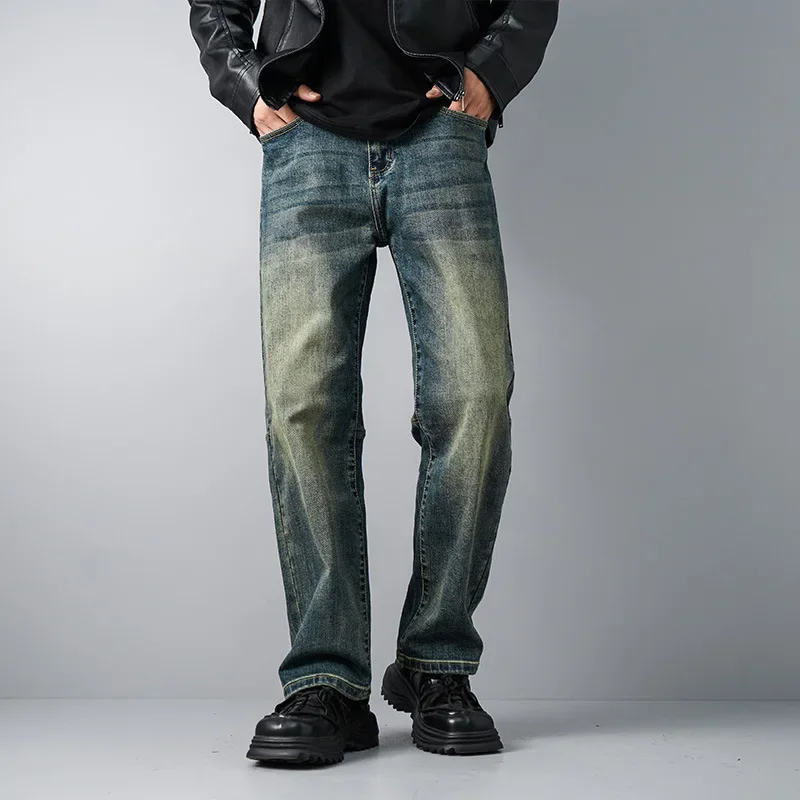 

LIBIELIY Four Seasons Men's American Vintage Retro Blue Jeans Pants Loose Spliced Wahsed Straight Casual Trendy Denim Trousers M