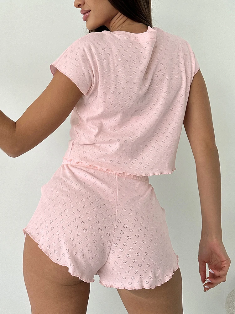 Hiloc Knitted Pajamas For Women 2 Piece Sets Pink Short Sleeve O Neck Sleepwear Female Casual Suits With Shorts Summer 2024