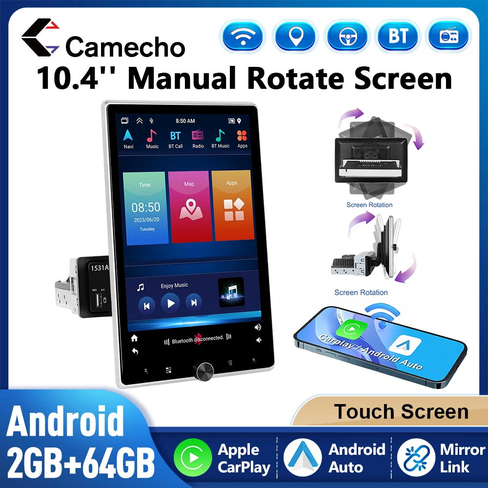 Camecho 10.4 Schermo Girevole Verticale Android Autoradio 1 Din 2 + 64G Wireless Carplay Android Auto Navigazione GPS 1Din Stereo