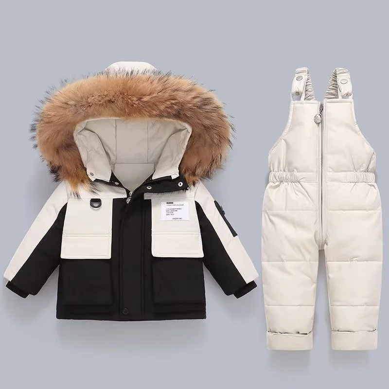 Winter New Children's Down Jacket Thermal Set Baby Thickened Bib Trousers Boys' and Girls' Winter Clothing Two-Piece Set