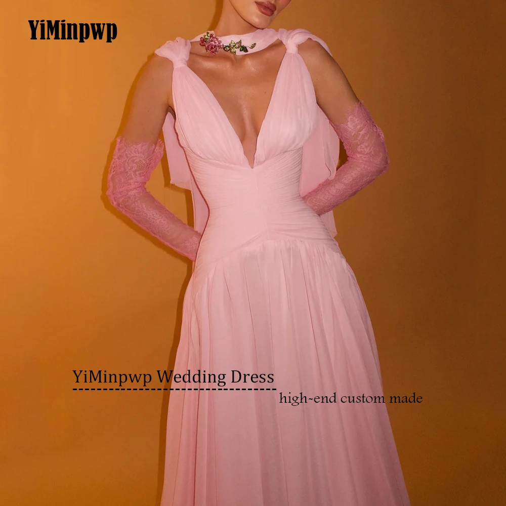 فساتين لحضور الحفلات الموسيقية من الشيفون الوردي عميق على شكل حرف v بدون أكمام فساتين سهرة مثيرة للنساء بدون ظهر فيستدوس دي فييستا أنيقة حسب الطلب