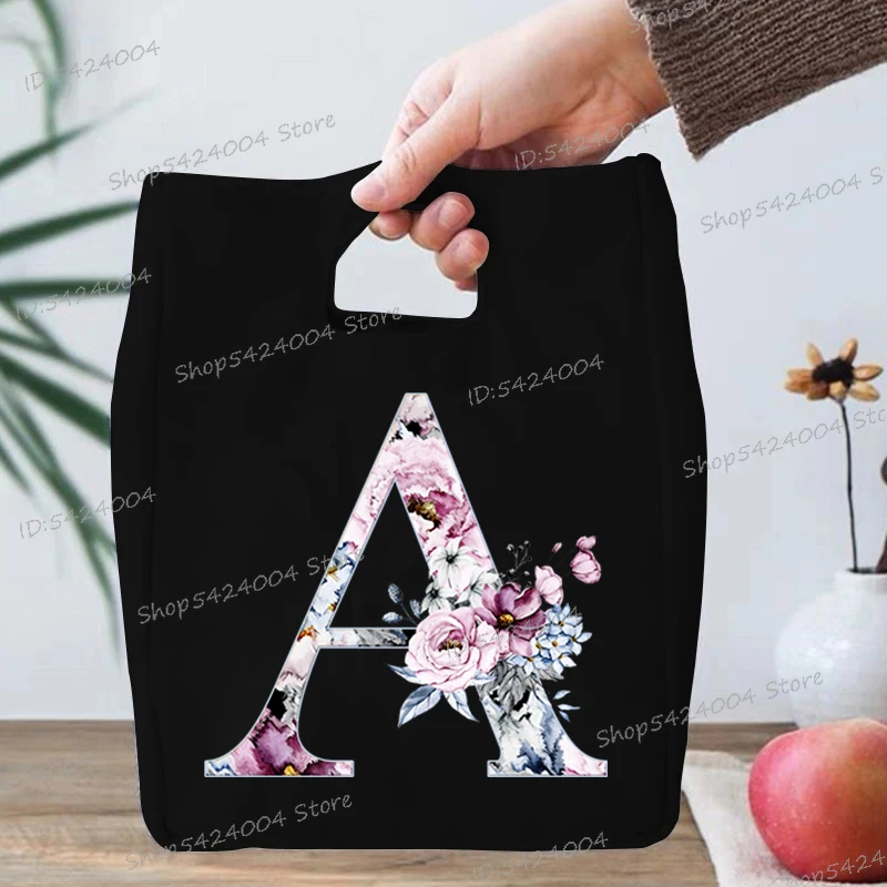 Women Lunch Box Storage Bag 26 Initials Flower Insulation Bags A-Z 26 Alphabet Floral Vintage Design Pattern Canvas Lunch Bag