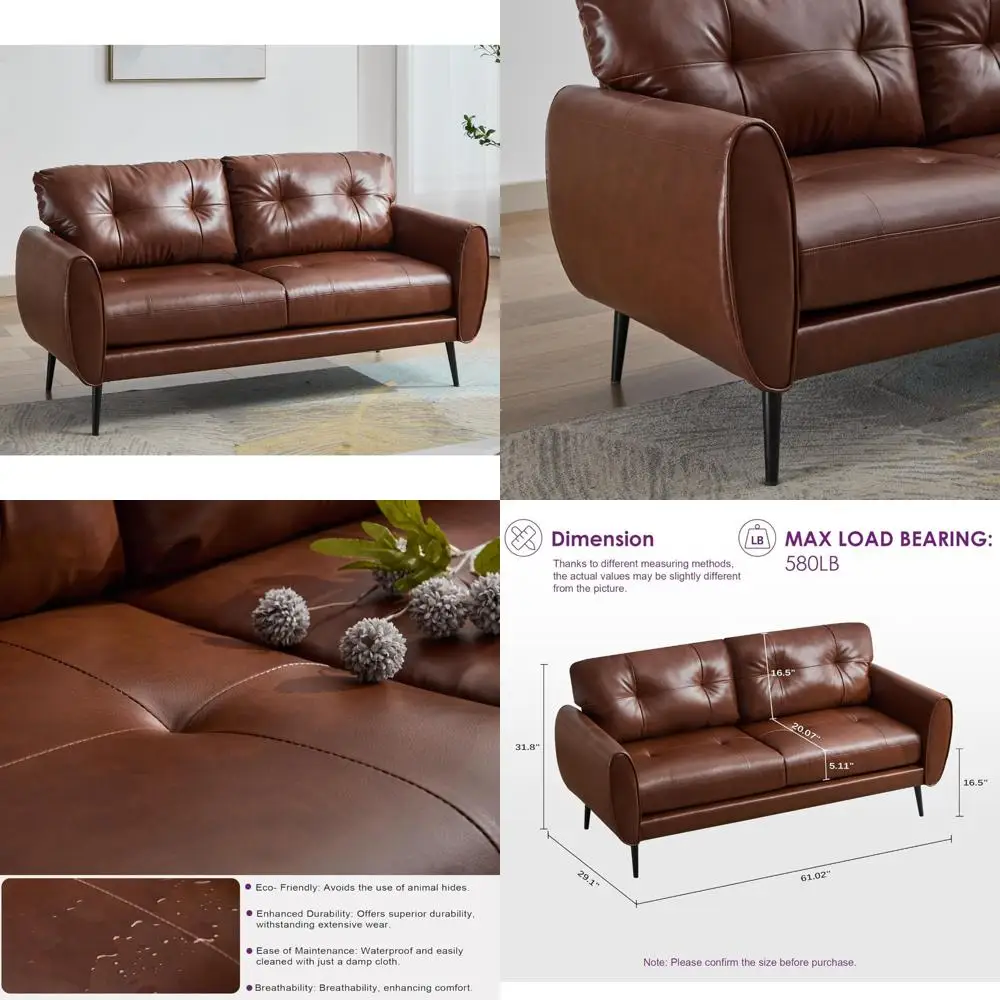 Современный коричневый кожаный двухместный сиденье середины века, 61, маленький, 28 x 60,6 x 30,7, 2-местный, каштаново-коричневый, тафтинговый, удобный, идеально подходит для
