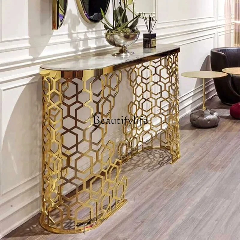 

09 Stainless Steel Hollow End View Table Modern Minimalist Corridor Wall-Mounted Marble Gold Art Entrance Table