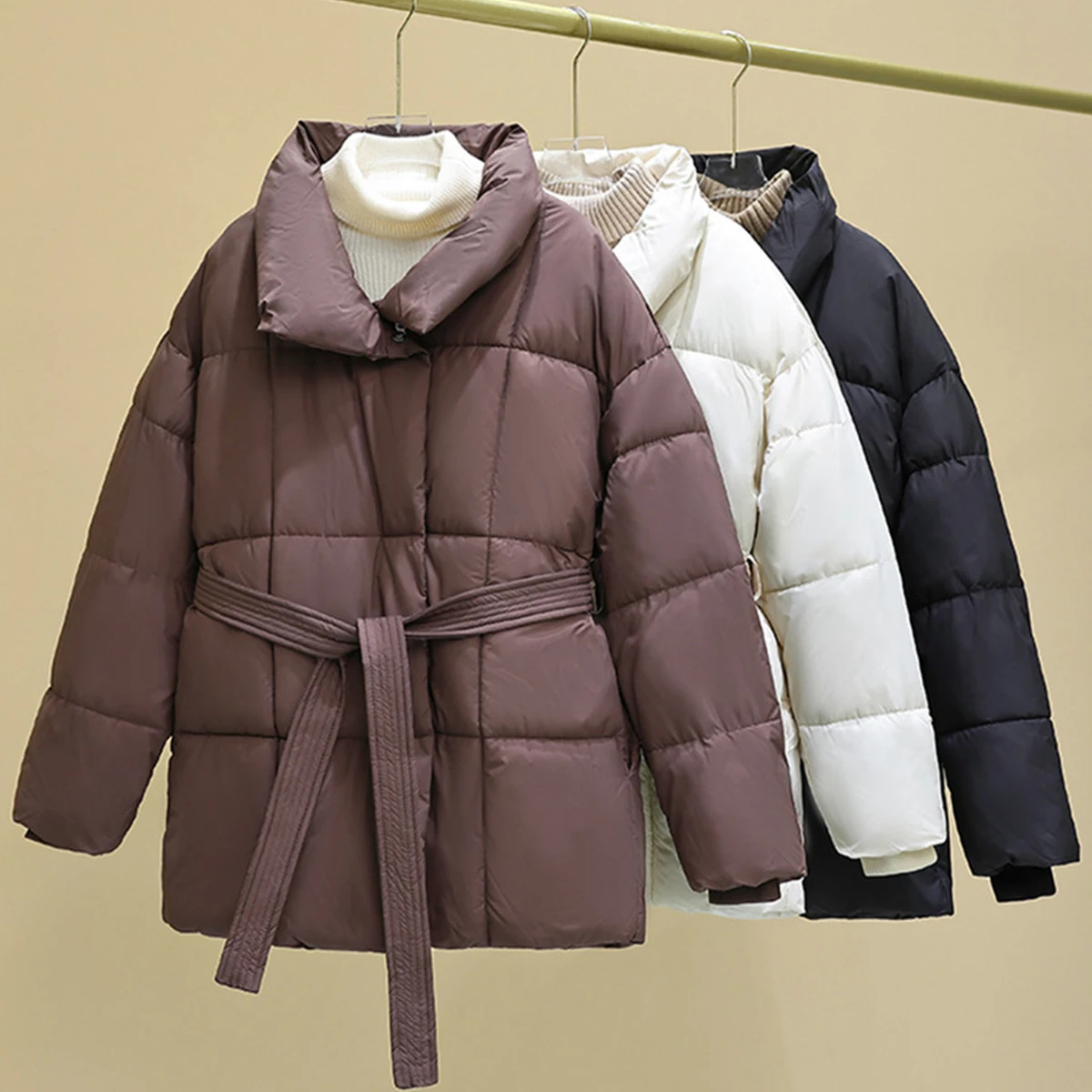 

Women's Parkas Solid Color Warm Cotton Padded Coat Jacket Belt Gathered Waist Winter Clothing Office Ladies Warm Quilted Jacket