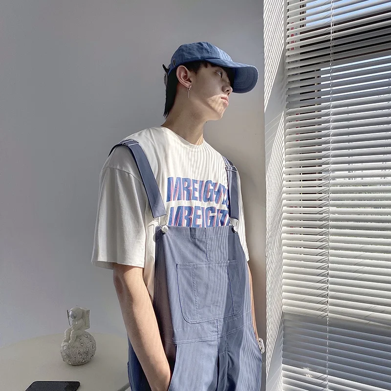 

Trendy Japanese Blue Wide Leg Overalls Loose Lazy Sle Workwear ex Straight Leg Long Pants Men's Casual Faion