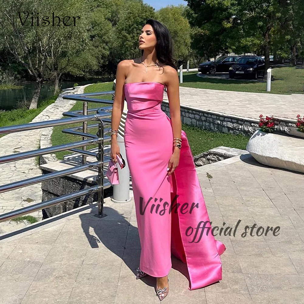 

Viisher Pink Satin Mermaid Evening Dresses Strapless Pleats Tight Long Prom Party Dress with Train Formal Evening Gowns