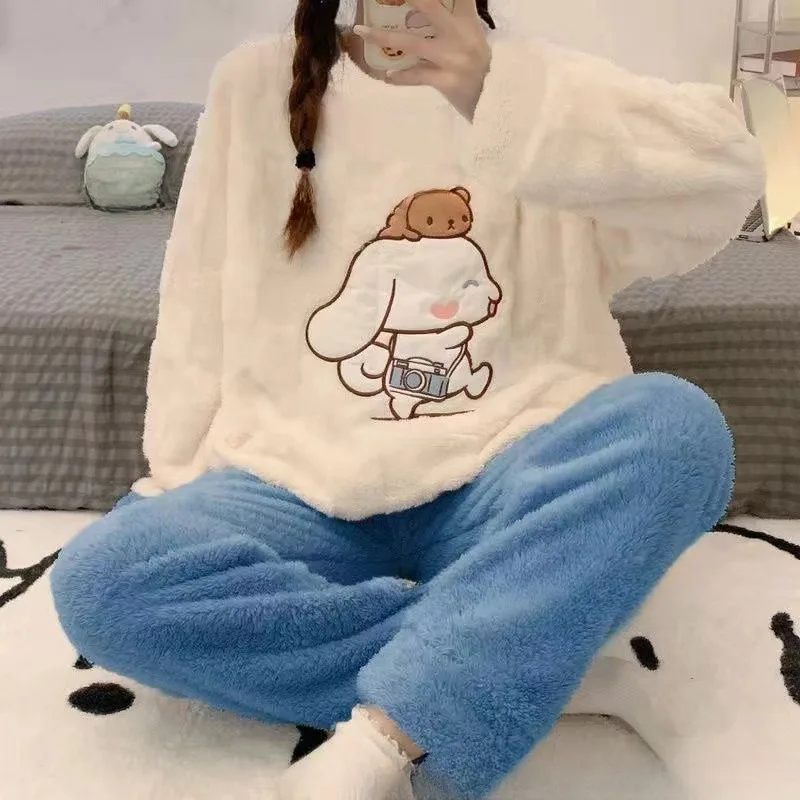 

Sanrio Kawaii Cinnamoroll помпон пурин набор плюшевых пижам Мультфильм осень и зима женская домашняя одежда для девочек плюшевый теплый подарок