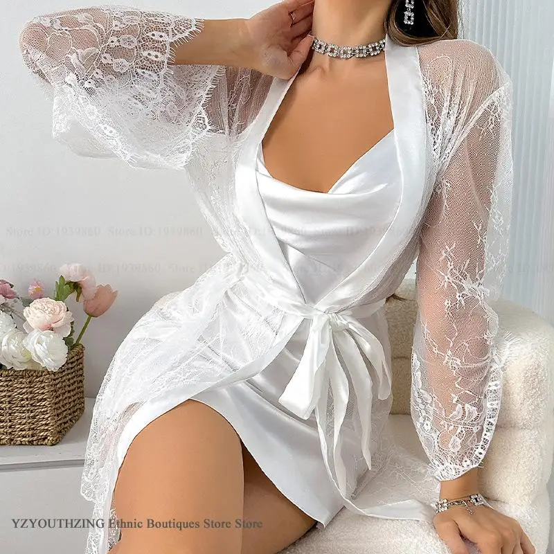 White Silk Satin Bride Wedding Robe Dress Nightgown Set Sexy Perspective Lace Bathrobe Nightdress Lingerie Loose Casual Homewear