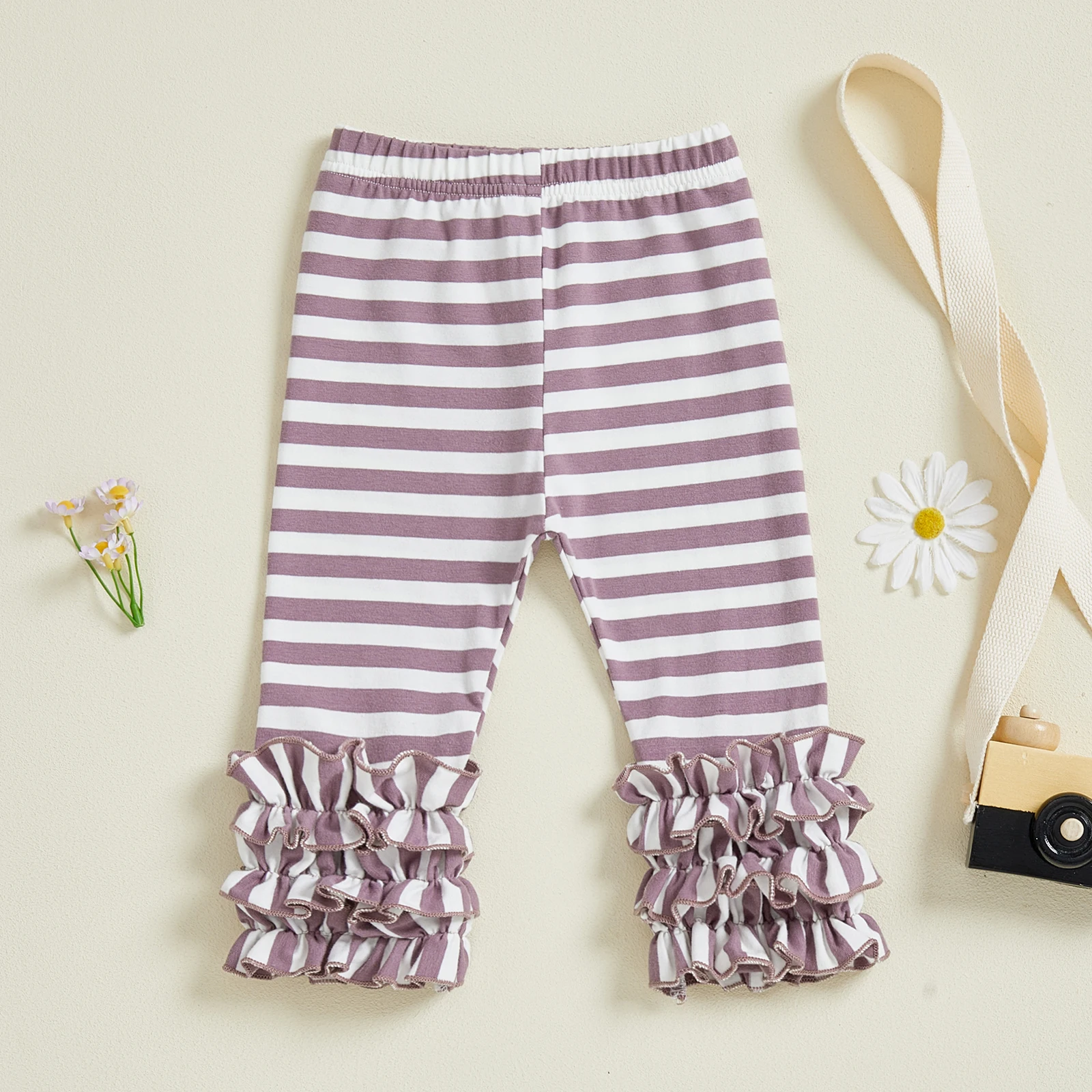 Tregren 0-3Years Toddler Infant Girls Striped Leggings, Elastic Waist Frills Slim Fit Fall Long Trousers for Casual Daily