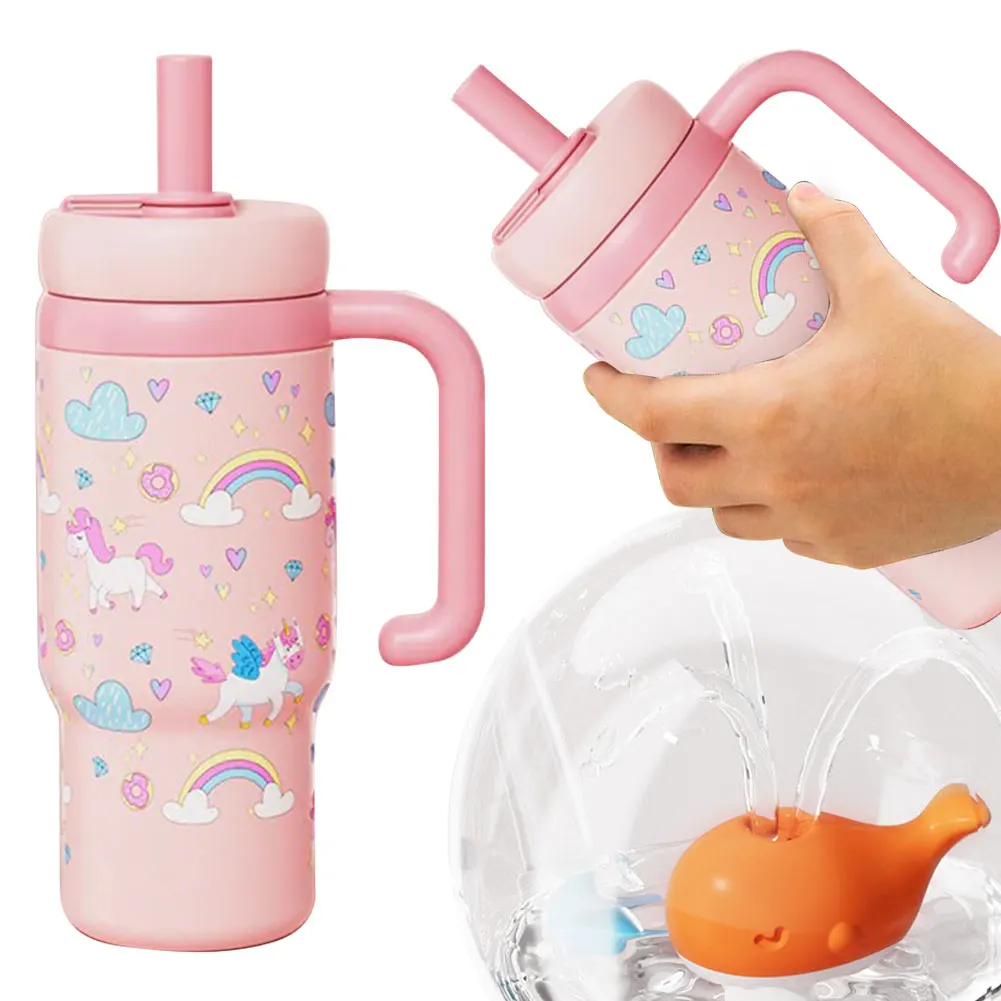 

Stainless Steel Whale Fountain Tumbler with Handle Drinking Cup Leak Proof Water Bottle with Straw Creative Gift