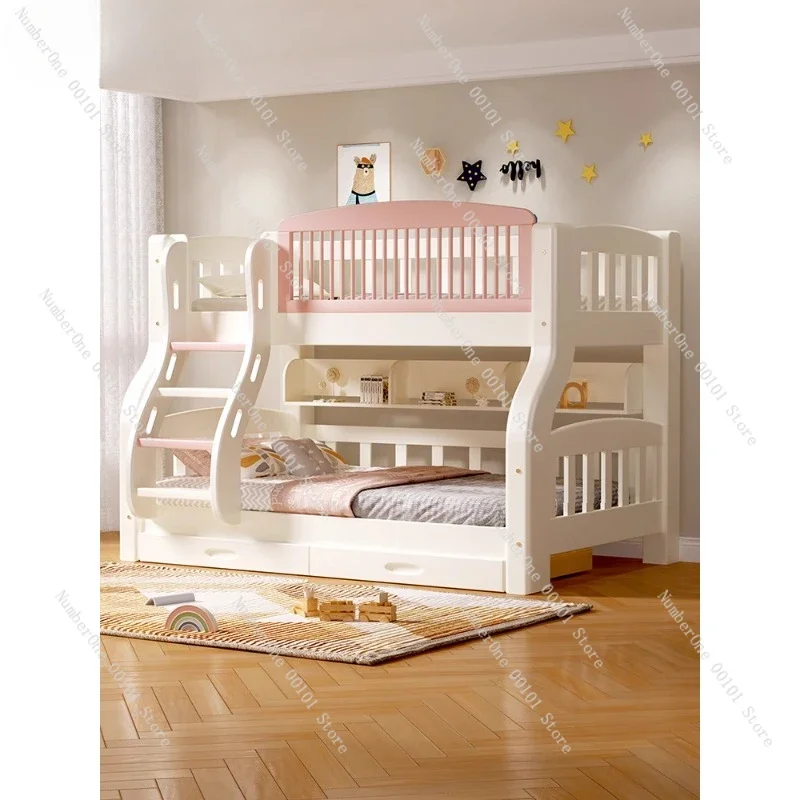 Solid wood children's bed girls get on and off the bed Princess pink bunk bed with slide high and low mother