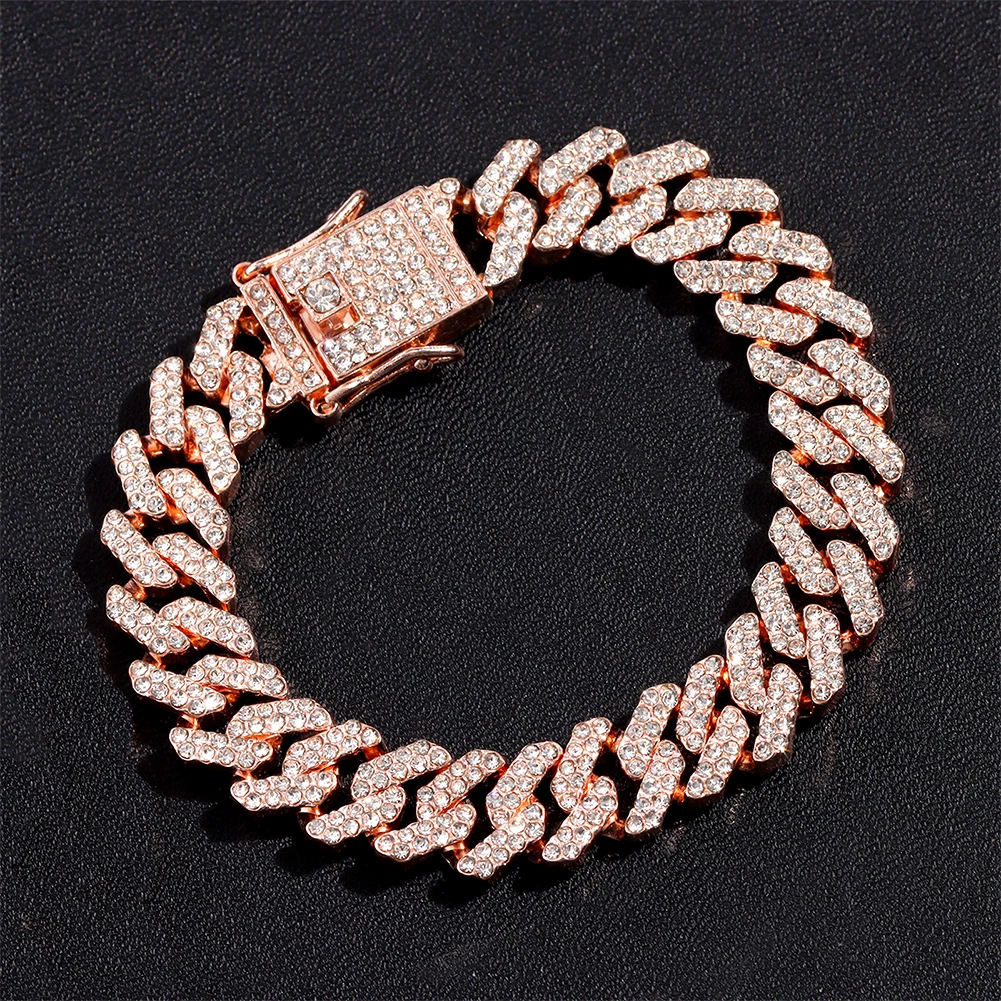 New Rose Gold Color Iced Out Paved Cuban Chain Bracelet For Women Men Blue Pink 2 Row Rhinestone Link Bracelet Hip Hop Jewelry