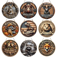 Rustic Style Welcome Round Wooden Sign, Animal Theme, Suitable for Home Hall, Garden, Bar, Cafe, Door, Fence Decoration, Gift
