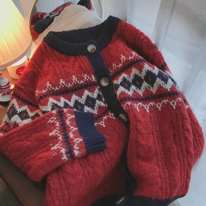 

Свитер с длинными рукавами, свежий сладкий милый новогодний винтажный жаккардовый вязаный кардиган с круглым вырезом для женщин, женский спортивный сладкий