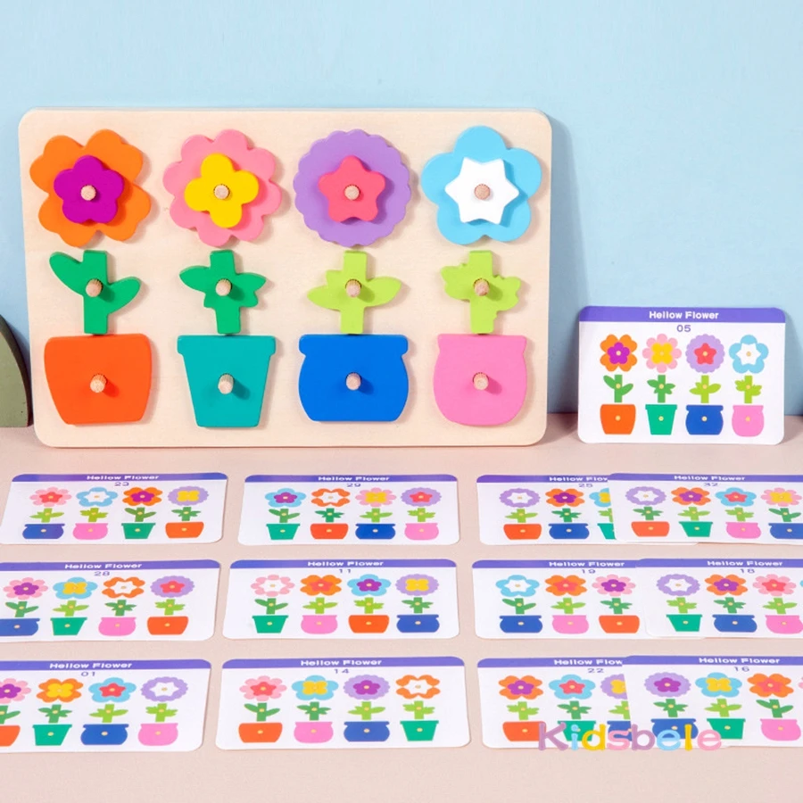 Holzblumen-Sortierbrettspiel für Kleinkinder, geometrische Form, Farbe, Stapelsteine, Montessori-Puzzle, Spielzeug, Geburtstag, Weihnachten, Geschenk
