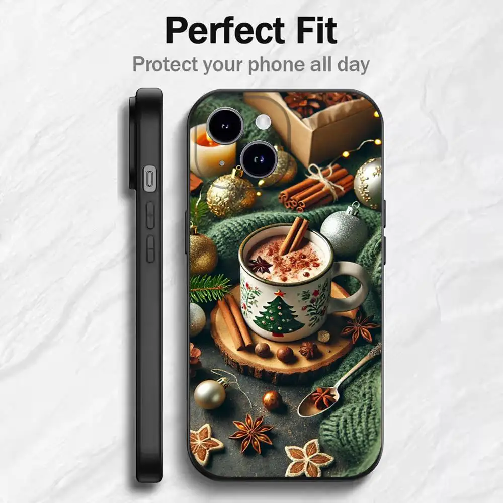 เคสโทรศัพท์ลายคริสต์มาส ลายกาแฟ สำหรับ iPhone รุ่น 17 16 15 14 13 12 11 Mini XS XR X 6S 6 Pro Max Plus สีดำ แบบนิ่ม