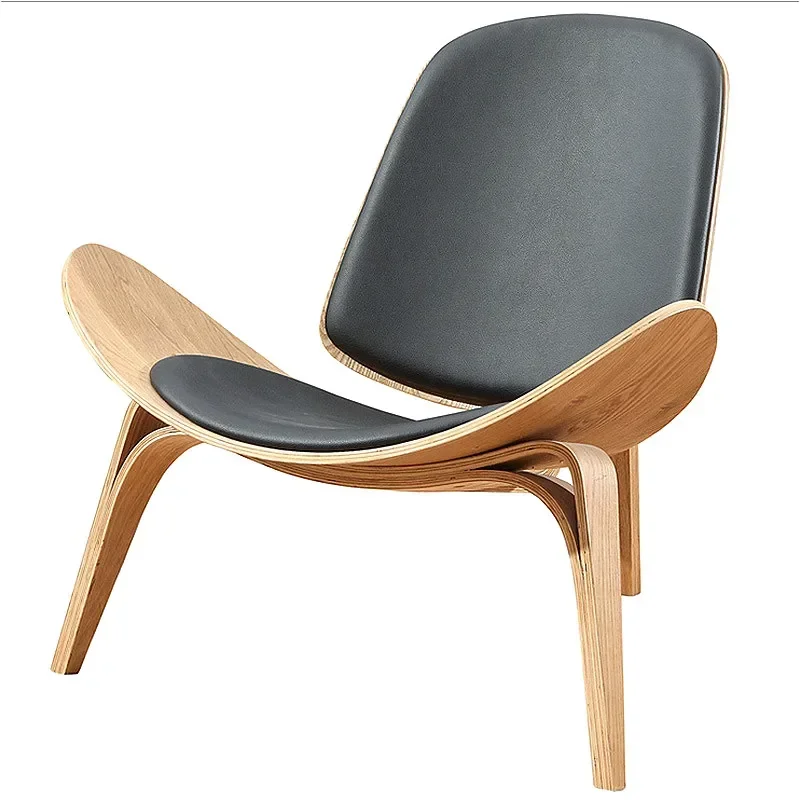 High-Quality Solid Wood Shell Chair - Three-Legged Ash Plywood, Black Faux Leather Living Room Furniture, Modern Leisure Chairs