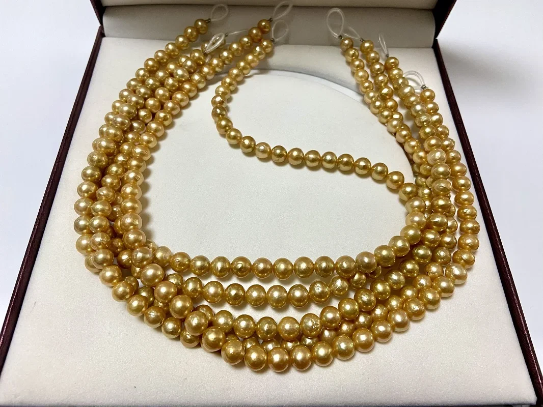 New Trendy Necklace 7-8mm Round Natural Sea Golden Pearl Genuine Jewelry for Women Fine Wedding 925 Sterling Silver Jewelry