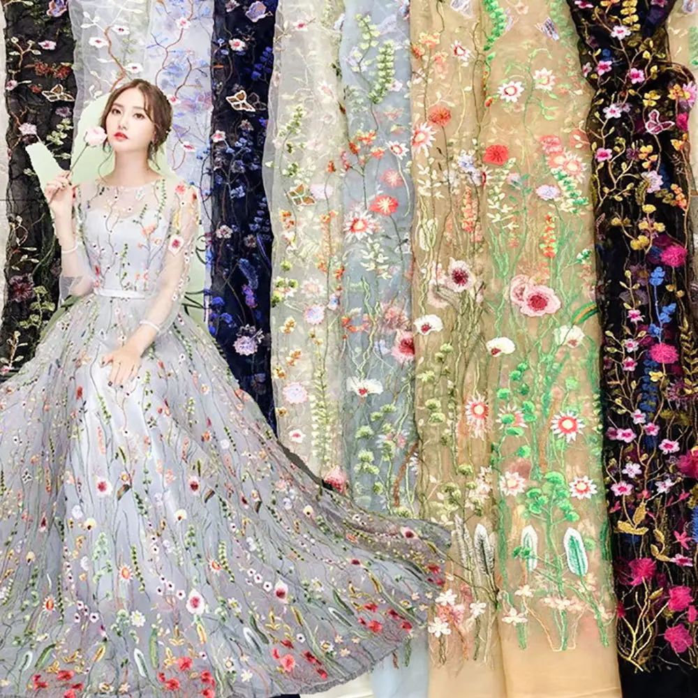 Embroidered Aquatic Plant Lace Fabric 3D Floral Tulle Mesh per Yard for Couture Wedding Dress Runway Costume Skirt Embellishment