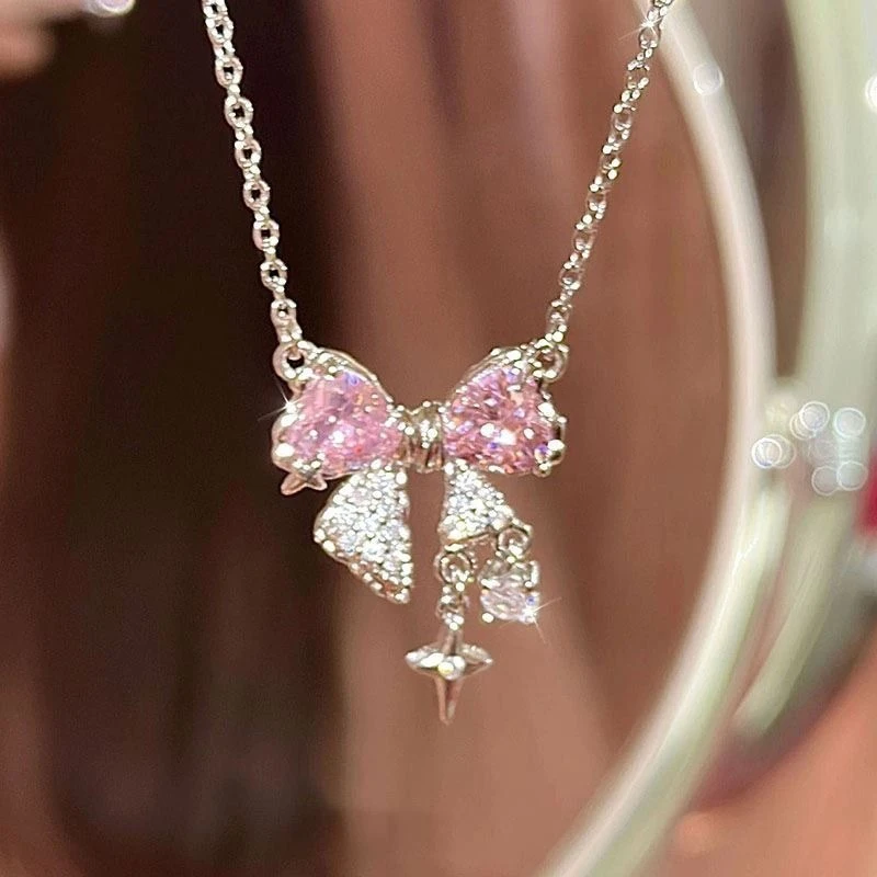 925 Sterling Silver Pink Bow Pendant Necklace For Women Sparkling Rhinestone Clavicle Chain Delicate Wedding Jewelry Gift