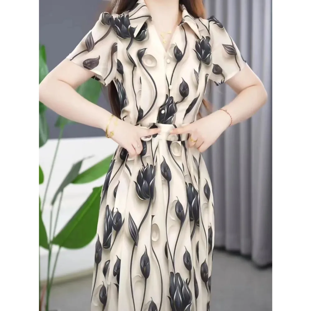 Women's Exquisite Printed Short Sleeved Dress 2024 Summer New Elegant And Beautiful Medium-length Shirt Skirt Mother's Outfit