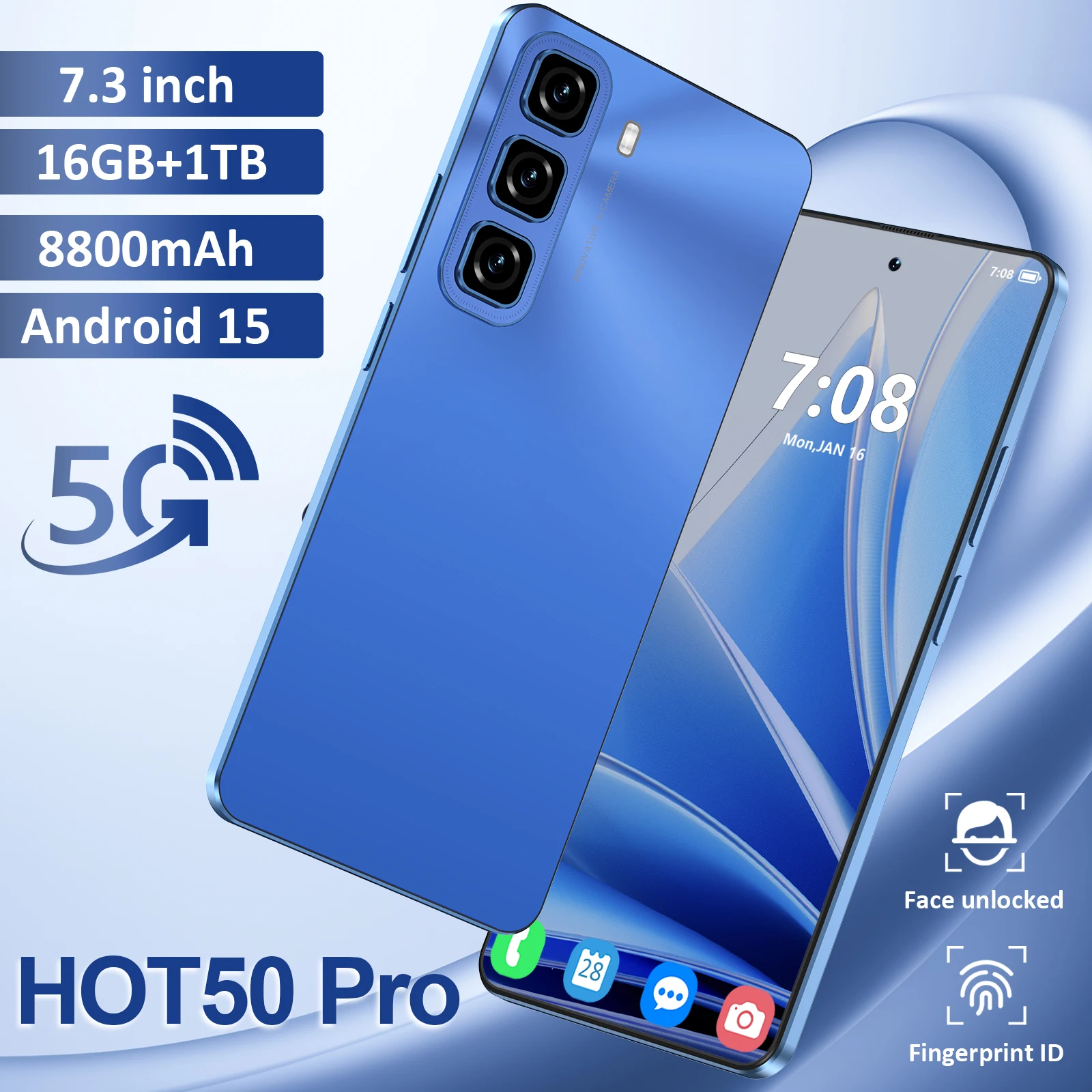 

HOT 50 PRO Global Version Smartphone 5G 7.3 Inch HD Screen 16GB+1024GB Android 15 Moblie Phones Unlocked 10 Core Super Phone