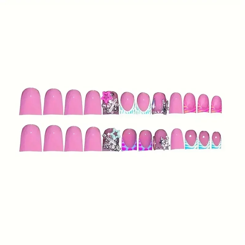 24pcs Square Acrylic Nails Short Y2K French Nail Tips  Press on Fake Nails Set Sparkling Handmade Colorful Girl's Gift