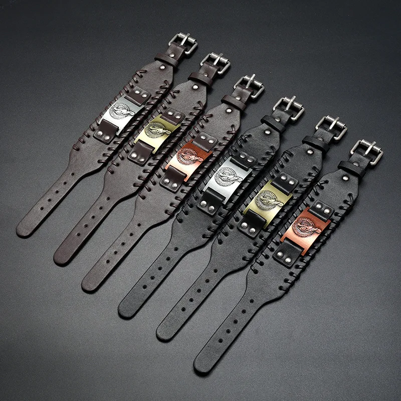 New Retro Wide Leather Nordic Rune of Odi Bracelet Men's Bracelet Celtic Viking Jewelry Compass Bracelet Accessories Party Gifts view 2