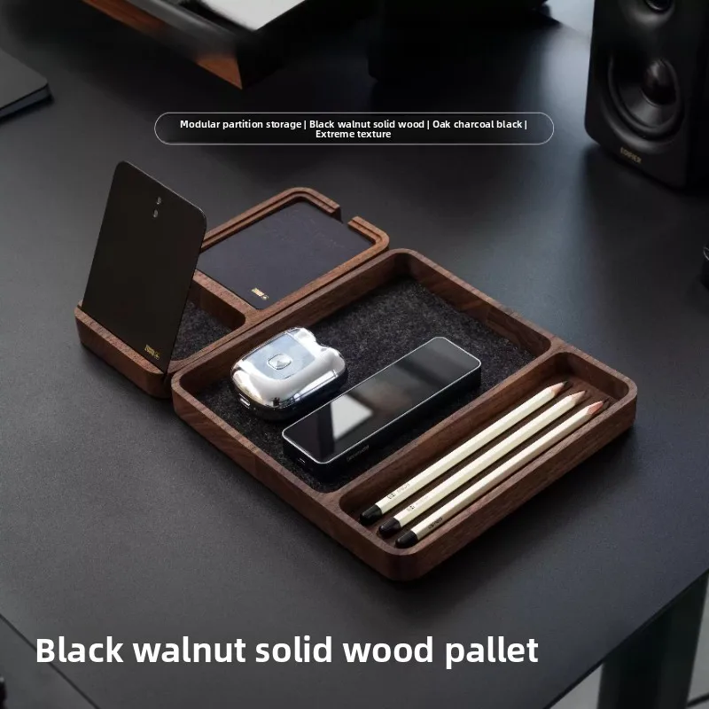 Solid Wood Storage Tray Compartmentalized Desktop Box for Home & Office Black Walnut Storage Solution Minimalist Desk Organizer