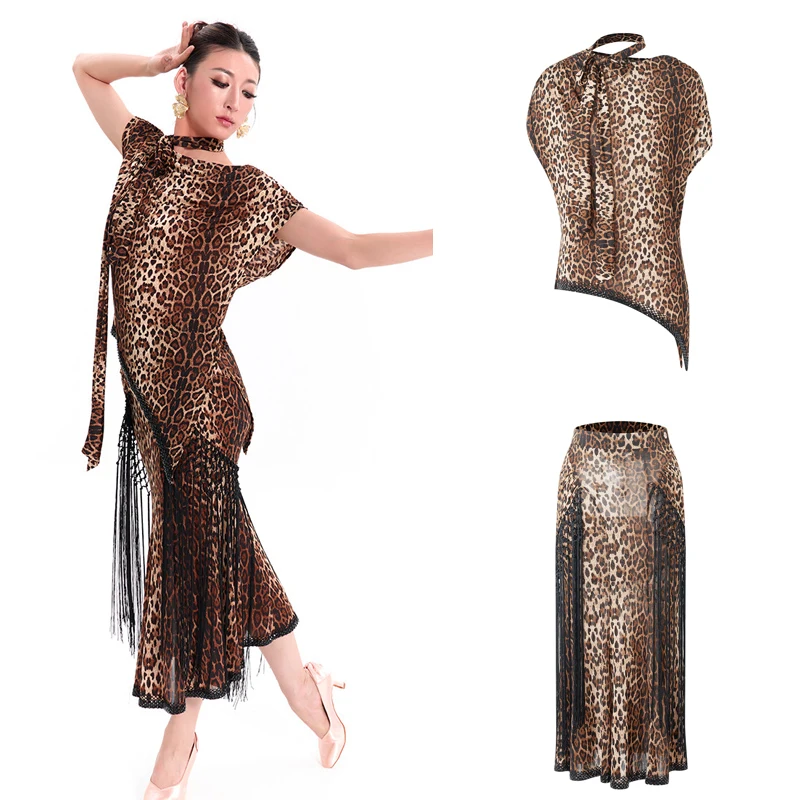 DUYQ Latin Dance Training Clothes Women Leopard Ballroom Dance Performance Costumes Adults Waltz Modern Dance Suit SL16219