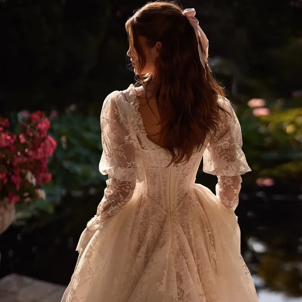 Abiti da sposa personalizzati in pizzo con spalle scoperte per donna Sposa elegante manica a sbuffo con volant abito da sposa formale vestido da festa
