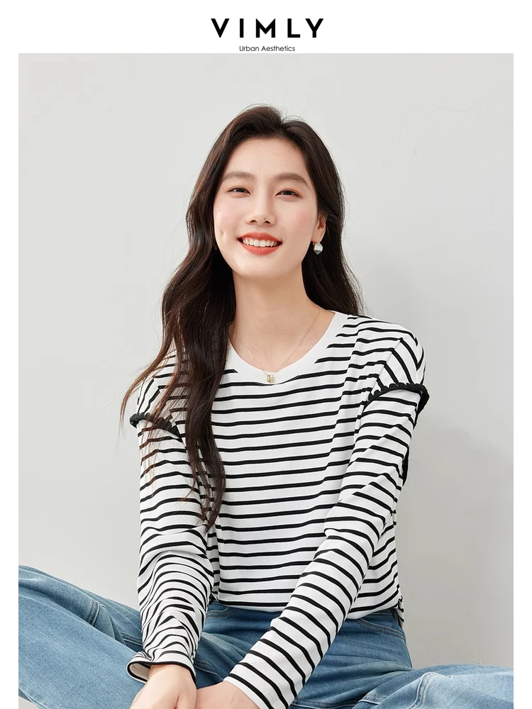 Vimly Women's Casual Fashion T-shirt 2024 Spring Black White Striped O-neck Long Sleeve Top Basic Tees Female Clothing M6750