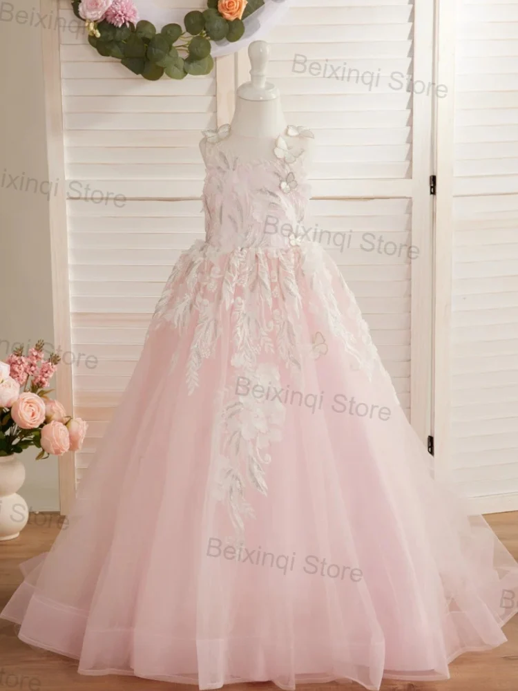 

Flower Girl Wedding Dresses For Parties Pink Tulle Appliques Lovely Long Skirt Recommend Princess Birthday Prom Elegant Gown