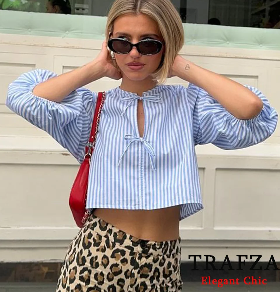 TRAFZA Casual Classic Stripe Poplin Short Shirt Women's Lace-up Half Sleeve Shirt New 2024 Summer Fasion Daily Wear Shirt