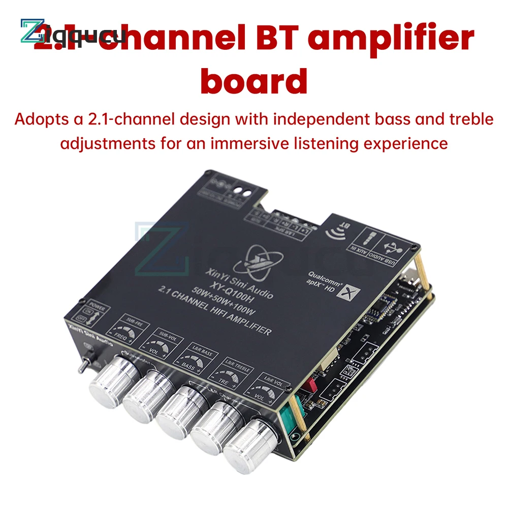 

XY-Q100H Bluetooth Audio Amplifier Board 50W*2+100W 2.1 Channel TPA3116D2 Digital Power Amplifier Board DC12-24V